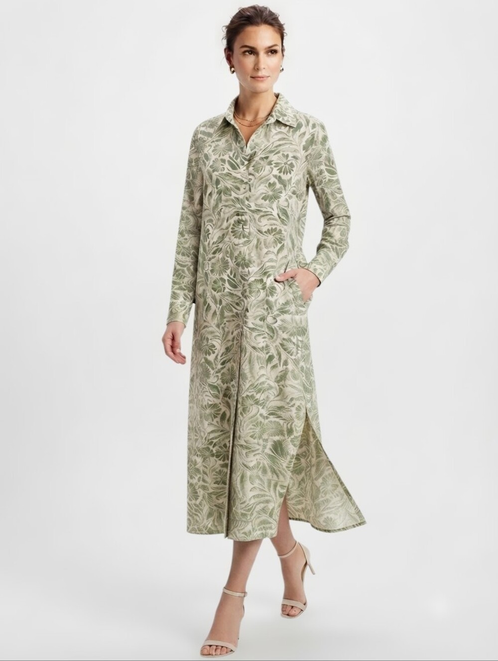 Sigrid Olsen Green Botanical Linen Blend Midi Shirt Dress Duster Sz.XS